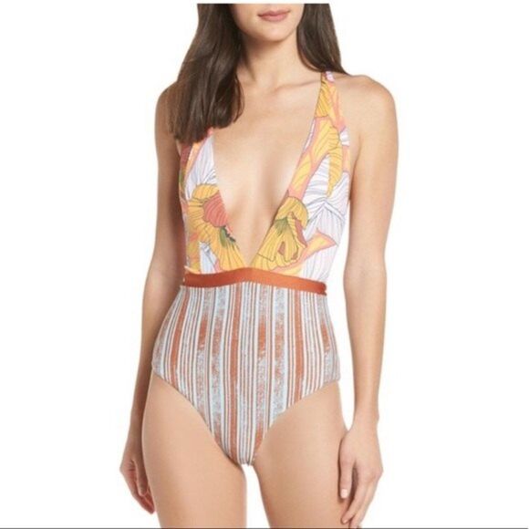 Maaji Rainbow Chromatic Floral Stripe Reversible One Piece Swimsuit S NWOT - Picture 2 of 13